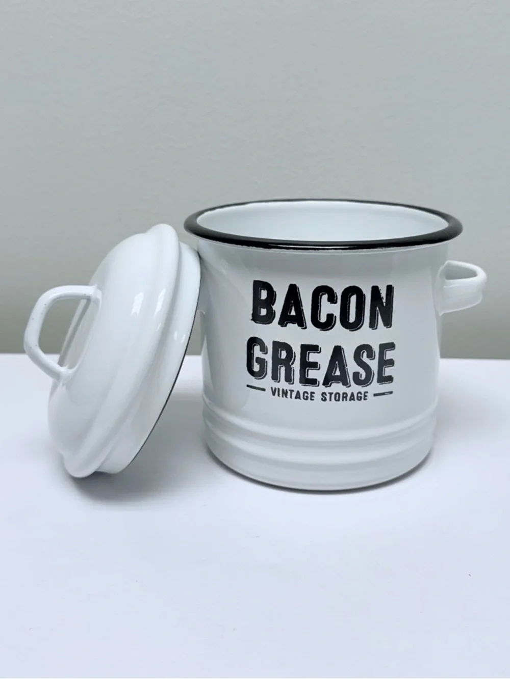 Bacon Grease Vintage White Metal Storage Canister - White w/ Black Letters, New